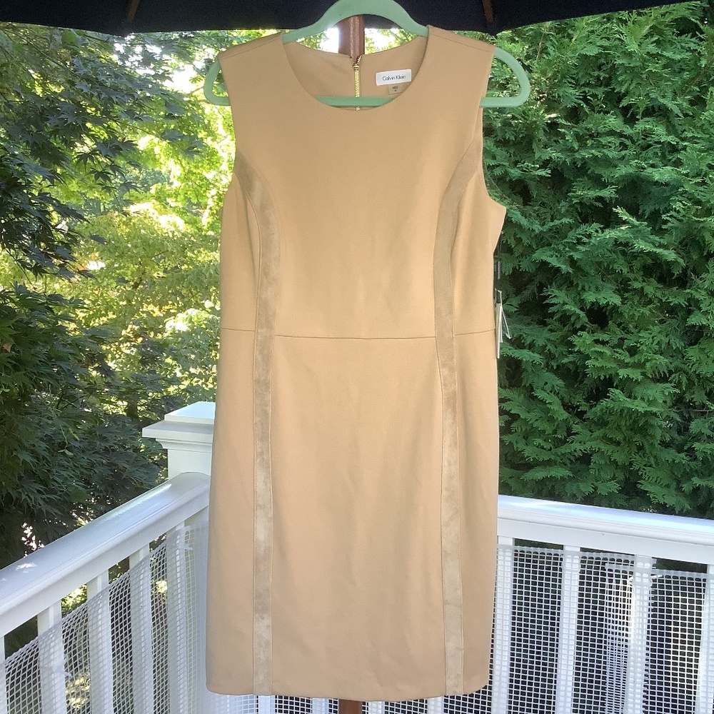 NWT - Calvin Klein Sleeveless Dress, faux suede accents, oatmeal, size 12